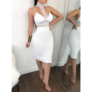 2 Piece Lace Bodycon Two Piece Outfits Sleeveless Shirt Crop Tops White